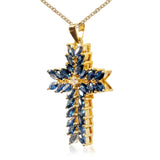 Black Friday Cifeeo  Luxury 2 Row Blue Color Oval Shape Stone Crucifix Pendant Necklace For Women Exquisite Cross Statement Jewelry