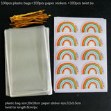 50/100sets Transparent Plastic Bag Bread Candy Lollipop  Packaging Bags Cellophane Treats Bags with Twist Tie Rainbow Stickers