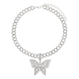 Fashion Bling Rhinestone Big Butterfly Pendant Necklace for Women Pink Blue Crystal Cuban Chain Necklace Rapper Rock Jewelry