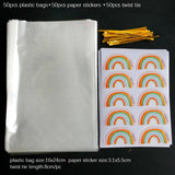 50/100sets Transparent Plastic Bag Bread Candy Lollipop  Packaging Bags Cellophane Treats Bags with Twist Tie Rainbow Stickers