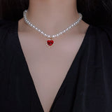 Cifeeo Vintage Red Crystal Heart Pendant Choker Necklaces For Women Baroque Pearl Wedding Aesthetic Jewellery