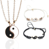 Tai Chi Yin Yang Couple Bracelets Alloy Pendant Adjustable Braid Chain Bracelet Necklace Matching Lover Bracelets Necklaces Set