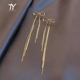 Classic Metal Bow Gold Tassel Long Drop Earrings For Woman 2021 New Korean Fashion Jewelry Wedding Party Girl's Sexy Earrings