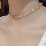 Cifeeo New Korea Summer Lovely Colorful Flowers Daisy Transparent Crystal Beading Strand Short Choker Necklace for Women