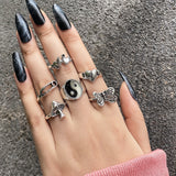 Punk Gothic Heart Ring Set for Women Black Dice Vintage Spades Ace Silver Plated Retro Rhinestone Charm Billiards Finger Jewelry