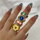 Y2K Style Korean Gold Color Resin Chain Rings Set for Women Fashion Colorful Multilayered Heart Ring Wholesale Jewelry