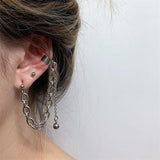 Punk Rock Silver Color Unisex Bead Chain Integrated Long Pendant Ear Bone Clip Earrings Cool Egirl Woman's Men Party Jewelry
