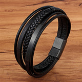 Christmas Gift Multi-layer Hand-woven Gold Steel Black Men's Leather Stainless Steel Bracelet DIY Size Carved Logo For Surprise Birthday Gift