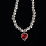 Cifeeo Vintage Red Crystal Heart Pendant Choker Necklaces For Women Baroque Pearl Wedding Aesthetic Jewellery