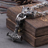 Christmas Gift Never Fade Men stainless steel Wolf head norse viking amulet thor hammer pendant necklace viking king chain