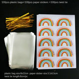 50/100sets Transparent Plastic Bag Bread Candy Lollipop  Packaging Bags Cellophane Treats Bags with Twist Tie Rainbow Stickers