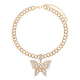 Fashion Bling Rhinestone Big Butterfly Pendant Necklace for Women Pink Blue Crystal Cuban Chain Necklace Rapper Rock Jewelry