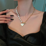 Imitation Baroque Pearl Titanium Steel Necklace Korean Fashion Heart-Shaped Pendant Jewelry Girl's Sexy Clavicle Chain For Woman