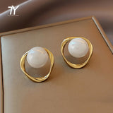 Classic Geometric Irregular Shape Hollow Out Metal Pearl Earrings For Woman Luxury Accessories For Korean Fashion Jewelry Girls