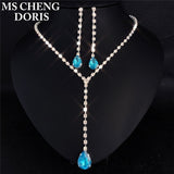 Cifeeo Christmas Gift Water Drop Rhinestone Long Pendant Full Crystal Silver Plated Necklace & Earrings Elegant Bridal Wedding Jewelry Set