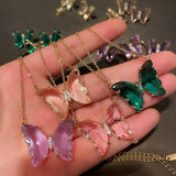 Trendy Colorful Butterfly Necklaces For Women Crystal Butterfly Pendant O Chain Necklace Korean Style Fashion Party Jewelry