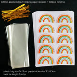 50/100sets Transparent Plastic Bag Bread Candy Lollipop  Packaging Bags Cellophane Treats Bags with Twist Tie Rainbow Stickers