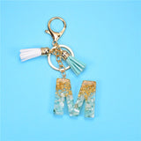 Fashion 26 Letters Resin Keychains for Women Gold Foil Pendant Charms Accessories Tassel Key Rings