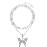 Fashion Bling Rhinestone Big Butterfly Pendant Necklace for Women Pink Blue Crystal Cuban Chain Necklace Rapper Rock Jewelry