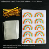 50/100sets Transparent Plastic Bag Bread Candy Lollipop  Packaging Bags Cellophane Treats Bags with Twist Tie Rainbow Stickers