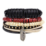 Vintage Wood Beads Bracelet Fashion Hand-knitted Multi-layer Leather Feather Stone Bracelet and Fashion Men's Bracelet Gift