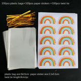 50/100sets Transparent Plastic Bag Bread Candy Lollipop  Packaging Bags Cellophane Treats Bags with Twist Tie Rainbow Stickers