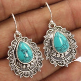 Vintage Creativity Silver Color Engraving Pattern Natural Green Stone Drop Dangle Earrings for Women Engagement Party Jewelry