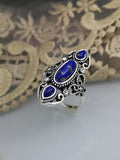 Cifeeo  Retro Ring Creative Hollow Out Carved Lapis Lazuli Flower Band Vintage Filigree Ring Boho Ethnic Jewelry Male Women