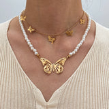 Cifeeo Goth Baroque Pearl Butterfly Pendant Necklace for Women Vintage Multi Layer Link Chain Necklace Punk Aesthetic Jewelry