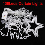 New 138 Leds Elk Bell Star Curtain String Lights Indoor Outdoor Home Garden Christmas Holiday Party Garden Curtain Decoration