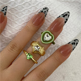 Y2K Style Korean Gold Color Resin Chain Rings Set for Women Fashion Colorful Multilayered Heart Ring Wholesale Jewelry