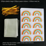 50/100sets Transparent Plastic Bag Bread Candy Lollipop  Packaging Bags Cellophane Treats Bags with Twist Tie Rainbow Stickers