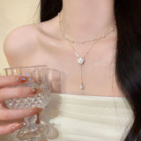 CIFEEO-Pearl and Rhinestone Pendant Necklace