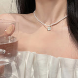 CIFEEO-Pearl and Rhinestone Pendant Necklace