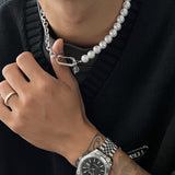 Cifeeo-Pearl Stitching Titanium Steel Chain Necklace