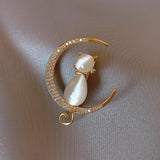 Cifeeo Cute Elegant Cat Sitting On The Moon Brooches For Women Cartoon Opal Stone Zircon Kitten Animal Casual Party Corsage Gift