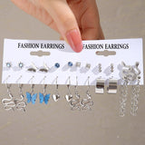 Cifeeo 6pcs/set Snake Butterfly Earrings Set For Women Girls Vintage Metal Silver Plated Rhinestones Heart Drop Earrings Jewelry Gift