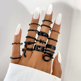 Cifeeo Trendy 22pcs Heart Black Rings Set For Women Vintage Geometric Cross Pearl Butterfly Finger Rings Women's Fashion Party Jewelry