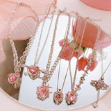 Cifeeo Pink Crystal Peach Heart Pendant Necklace For Women Girls Sweet Cool Y2k Clavicle Chain Kpop Necklace Fashion Jewelry Party Gift