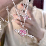 Cifeeo Pink Crystal Peach Heart Pendant Necklace For Women Girls Sweet Cool Y2k Clavicle Chain Kpop Necklace Fashion Jewelry Party Gift