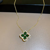 Cifeeo Trendy Fine 14K Real Gold Plated Green Crystal Flowers Pendant Chain Necklace for Women Girl Korean Fashion Jewelry AAA Zirconia