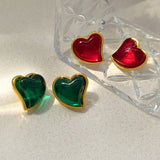 Christmas Gift 925 Silver Needle Modern Jewelry Heart Earrings Popular Design Vintage Green Red Resin Stud Earrings For Women Party Gifts