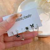 Cifeeo Korean Silver Color Butterfly Heart Circle Earrings For Women Kpop Metal Tassel Pendant Piercing Earrings 6pcs Set Trend Jewelry