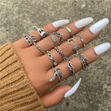 Cifeeo Punk Gothic Chain Snake Rings Set For Women Men Vintage Silver Plated Heart Butterfly Retro Finger Rings Fashion Jewelry Gfits