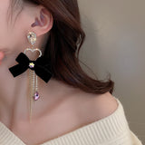 Back to school South Korea's New Drop Love Bow Tassel Long Earrings Fashion Temperament Joker Earrings Women's Jewelry