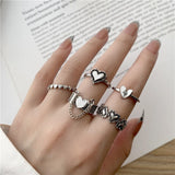 Cifeeo Boho Pink Butterfly Heart Wave Ring Set For Women Vintage Metal Gold Color Rhinestone Finger Rings 8pcs/set Party Jewelry Gifts