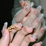 Cifeeo（Handmade Manicures）10 PCS Handmade Fake Nail Patch Pure Desire Wind Flash Diamond Sweet Starry Bow Detachable