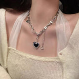 Cifeeo Kpop Stainless Steel Chain Vintage Punk Bear Black Heart Pendant Necklace For Women Hip Hop Trendy Jewelry Girl Cool Gifts Party