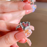 Cifeeo Pink Crystal Heart Bowknot Rings For Women Girls Y2k Kpop Sweet Cool Open Finger Rings Party Fashion Jewelry Gifts 2023 New