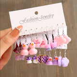 Cifeeo Pink Cartoon Duck Earrings Set Cute Animal Butterfly Heart Dangle Earrings For Women Girls Geometric Earring Trendy Jewelry Gift